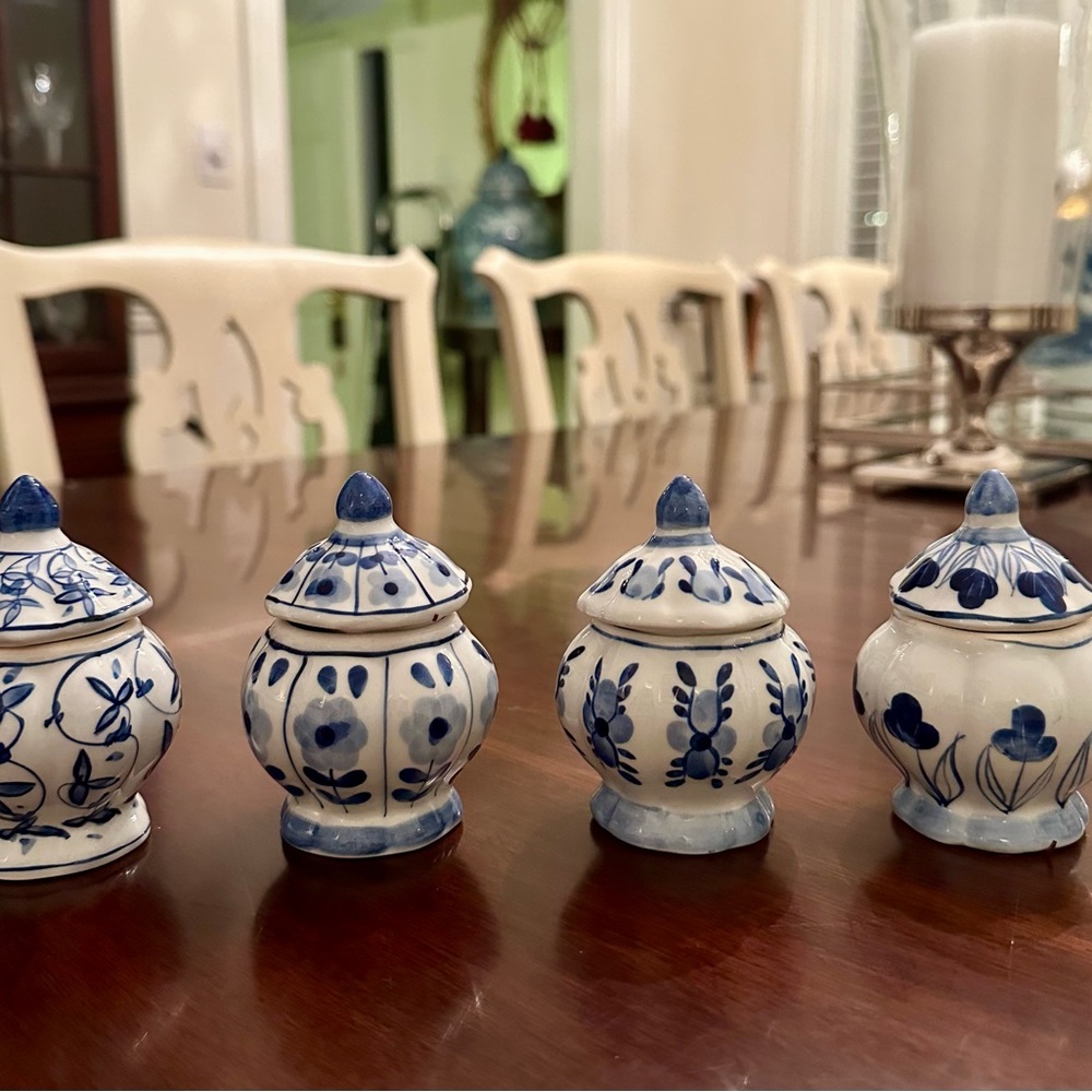 Set of Four Miniature Blue and White Ceramic Hand-painted Ginger Jars